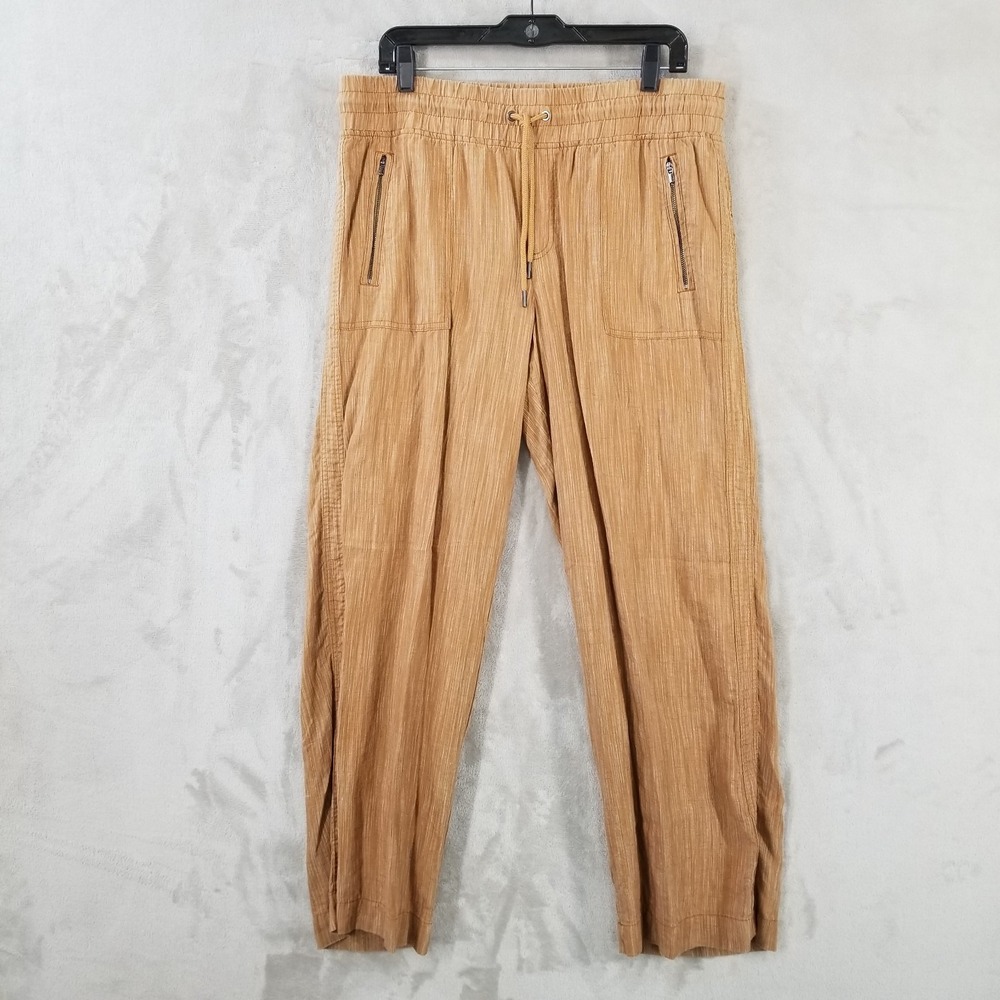 Athleta Cabo Linen Wide Leg Pants Women 14 Brown Pull-On Pockets Drawstring